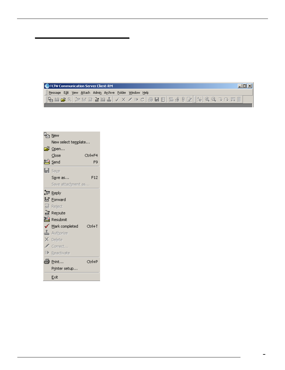 The main window, 1 message menu, 1 new | 2 new select template | Kofax Communication Server 9.1.1 User Manual | Page 13 / 114