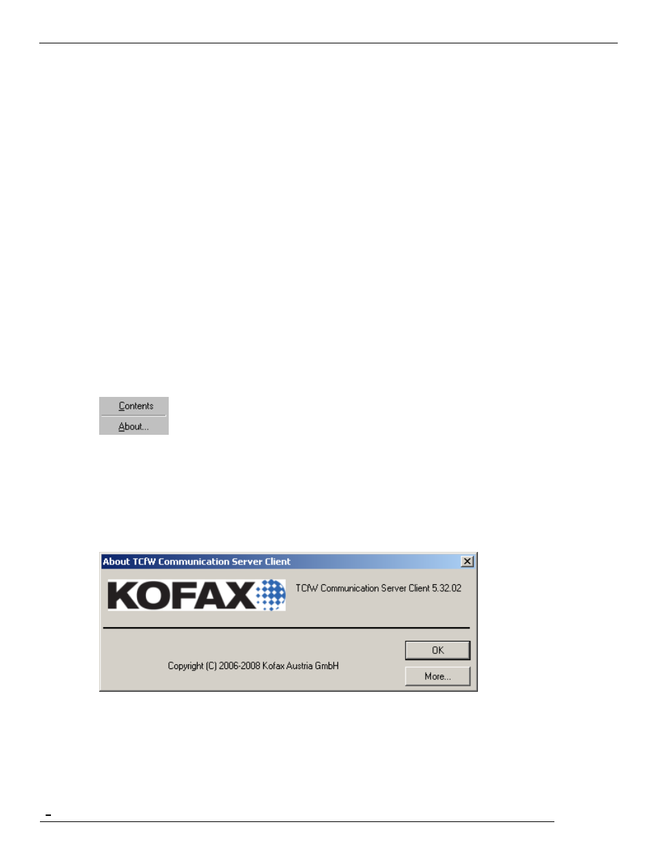 1 cascade, 2 tile horizontally, 3 tile vertically | 4 arrange icons, 5 refresh, 9 help menu, 1 contents, 2 about | Kofax Communication Server 9.1.1 User Manual | Page 28 / 114
