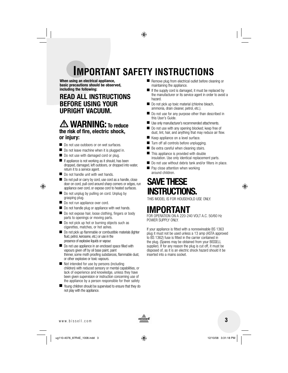 Mportant safety instructions, Warning, Save these instructions | Important | Bissell 87R4 User Manual | Page 3 / 8