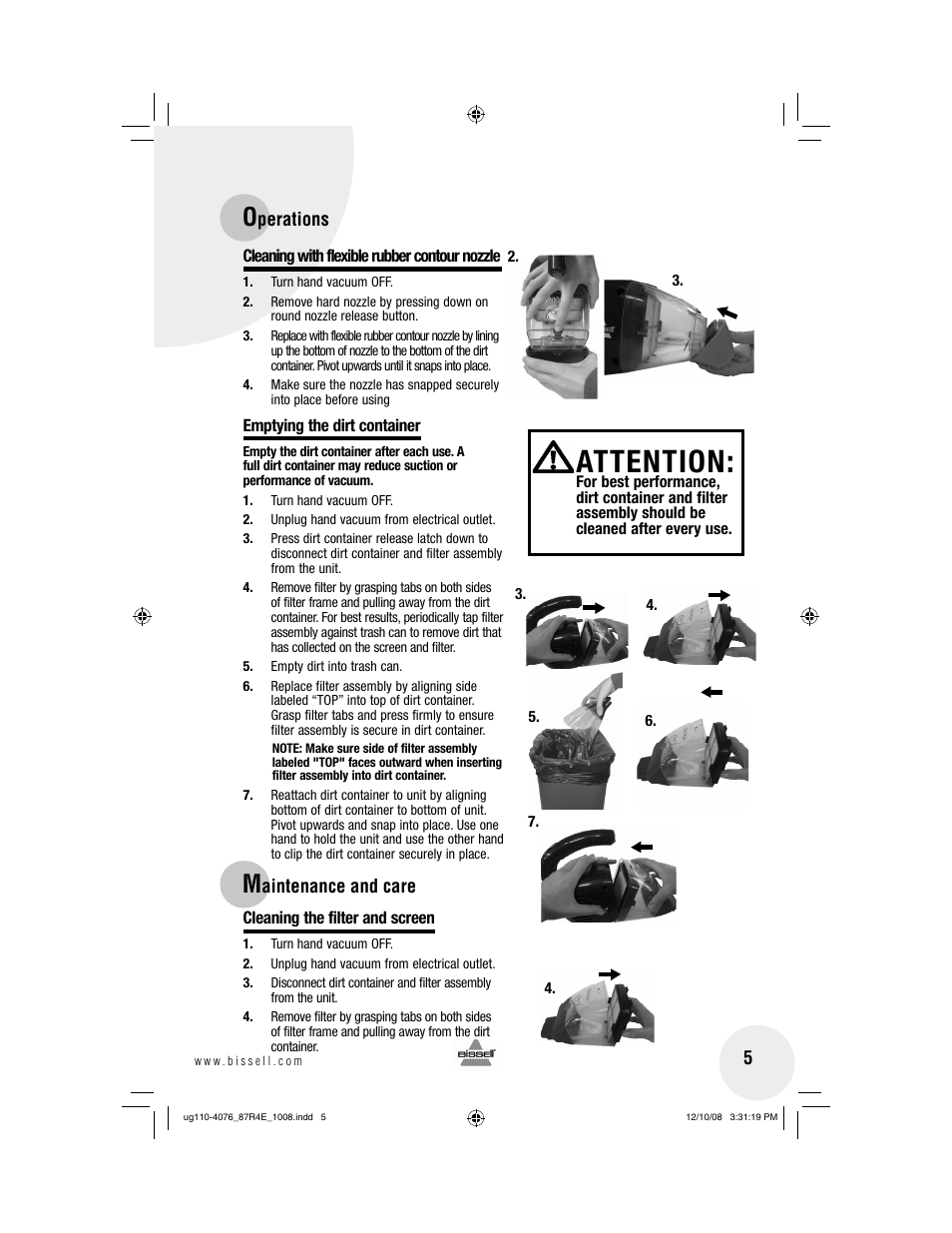 Attention | Bissell 87R4 User Manual | Page 5 / 8