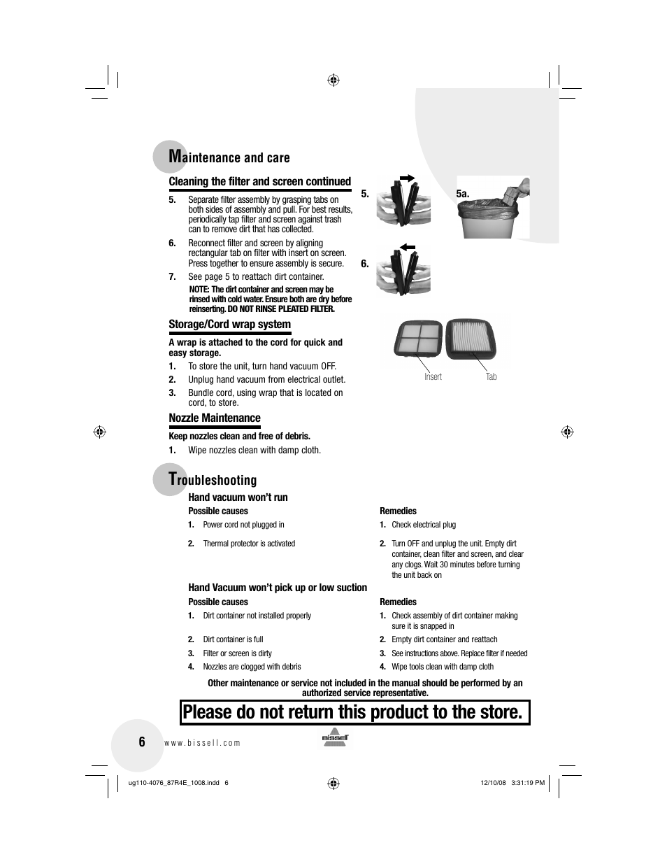 Please do not return this product to the store, Aintenance and care 6, Roubleshooting | Bissell 87R4 User Manual | Page 6 / 8