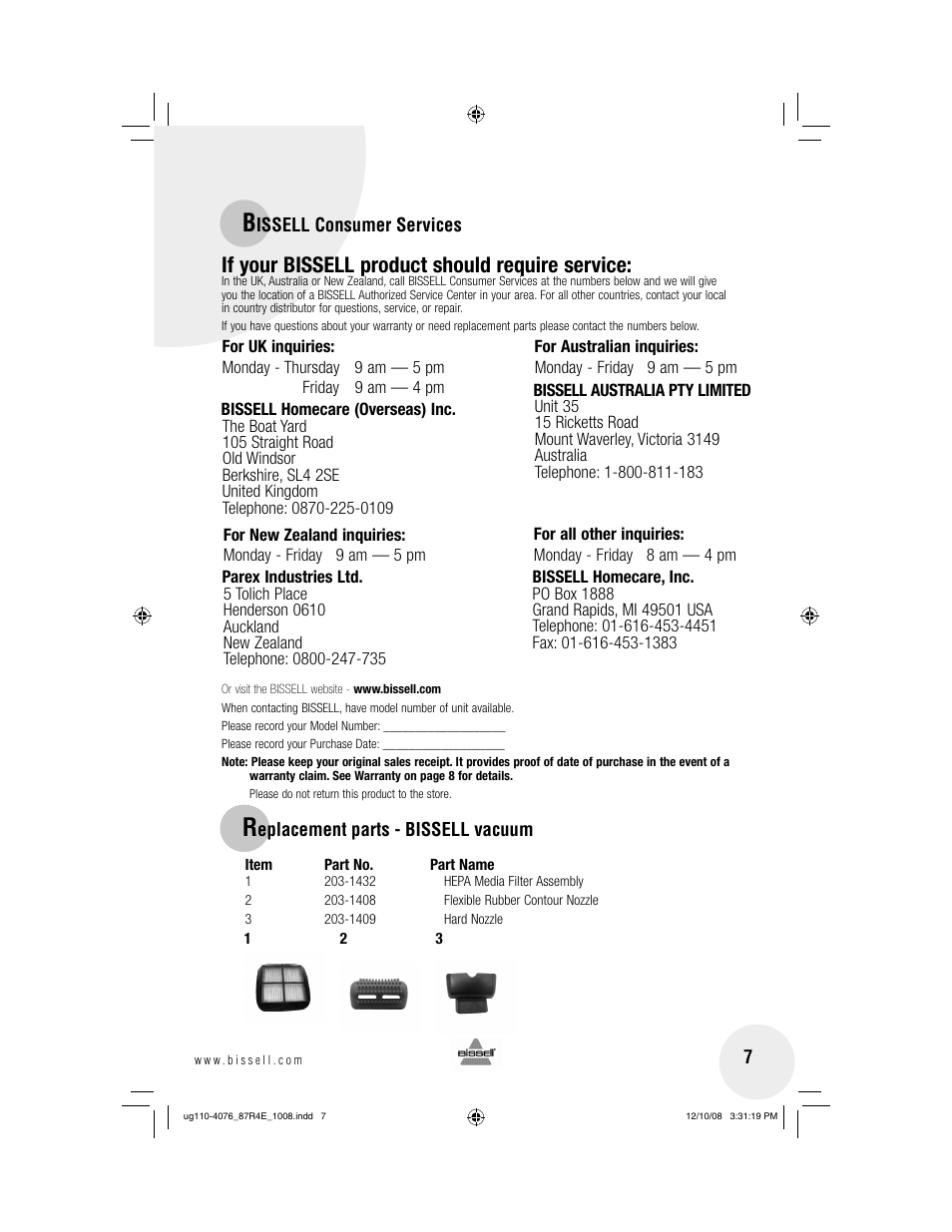 If your bissell product should require service | Bissell 87R4 User Manual | Page 7 / 8