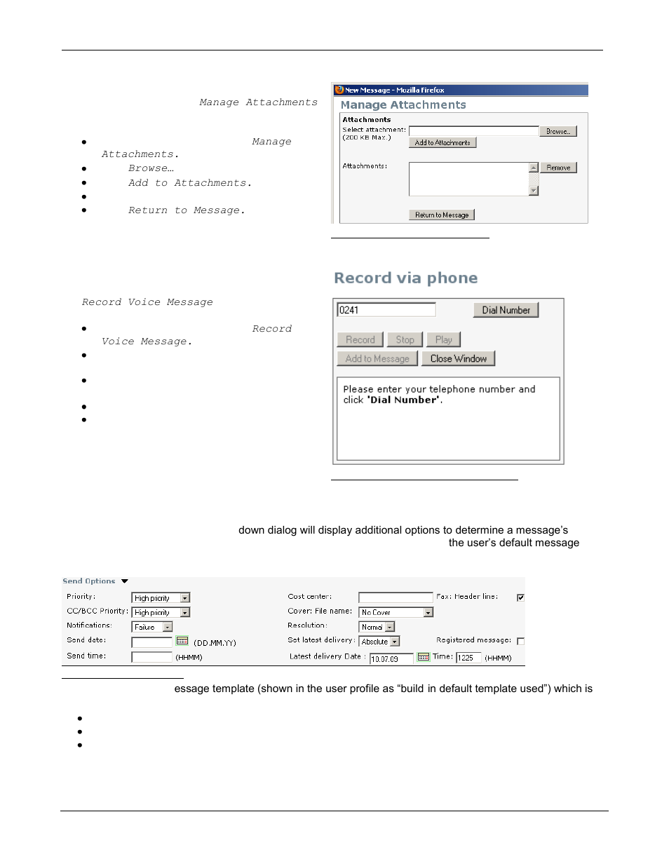 4 manage attachments, 5 voice attachments, 6 send options | 1 option description | Kofax Communication Server 9.1.1 User Manual | Page 28 / 85