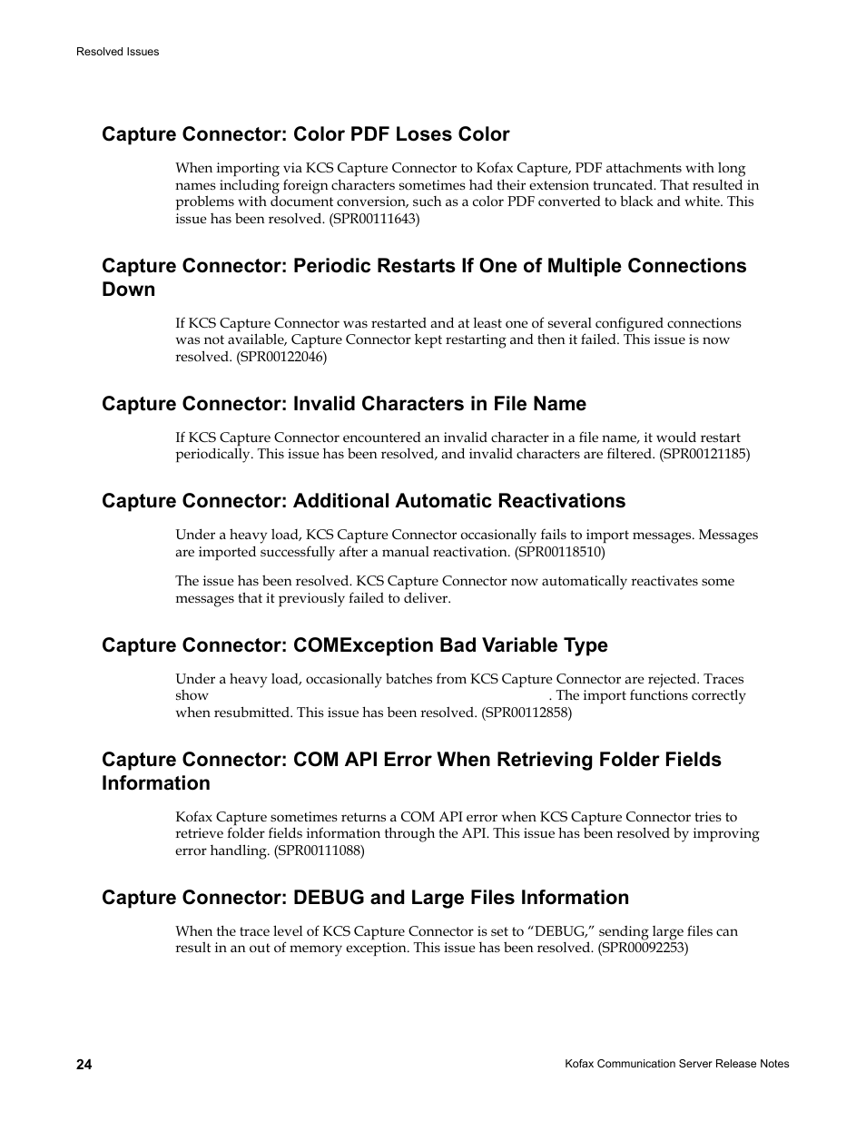 Capture connector: color pdf loses color, Capture connector: invalid characters in file name, Capture connector: comexception bad variable type | Kofax Communication Server 9.2.0 User Manual | Page 24 / 54