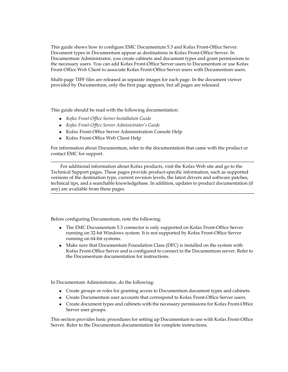 Introduction, Additional documentation, System requirements | Configuring documentum, System requirements configuring documentum | Kofax Front-Office Server 2.7 User Manual | Page 5 / 10