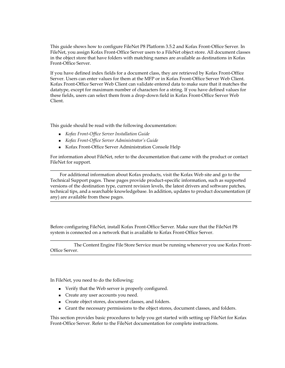 Introduction, Additional documentation, System requirements | Configuring filenet, System requirements configuring filenet | Kofax Front-Office Server 2.7 User Manual | Page 5 / 12