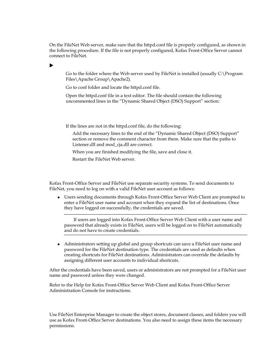 Verifying the filenet web server configuration, Setting up user accounts, Setting up destinations | Kofax Front-Office Server 2.7 User Manual | Page 6 / 12