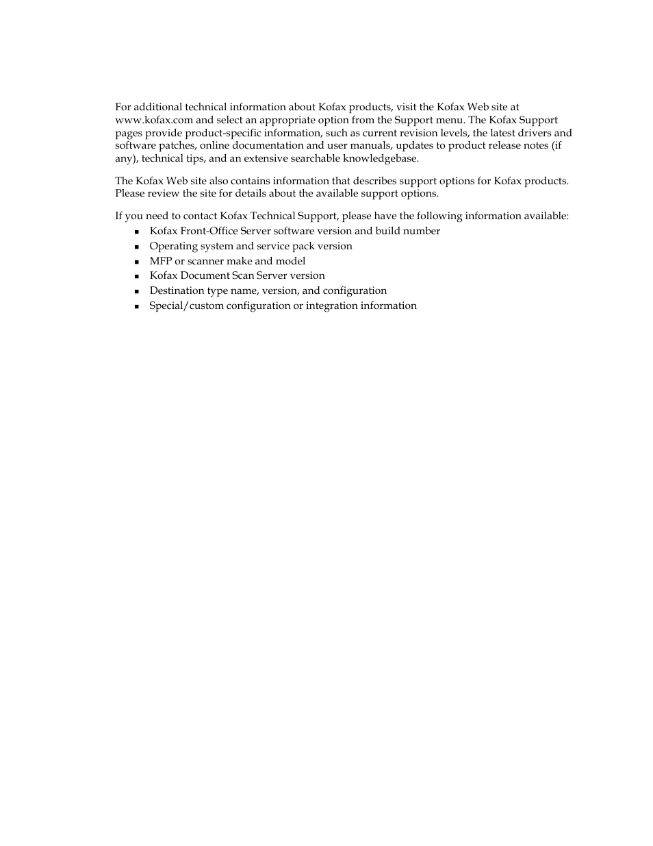 Technical support | Kofax Front-Office Server 2.7 User Manual | Page 13 / 14