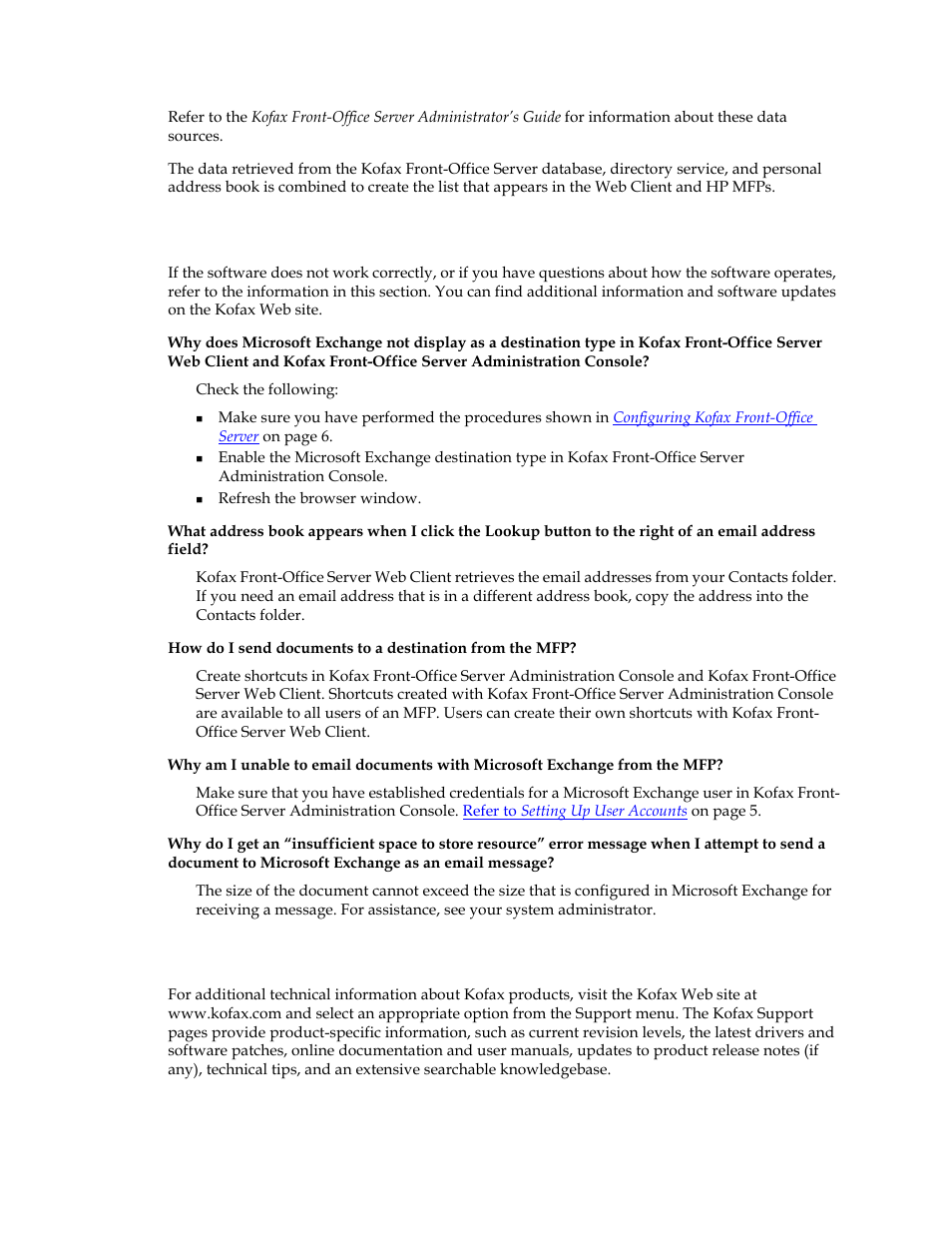 Frequently asked questions, Technical support, Frequently asked questions technical support | Kofax Front-Office Server 2.7 User Manual | Page 7 / 8