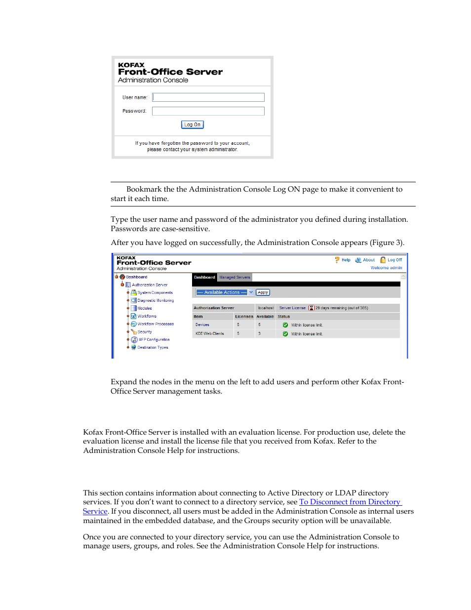 Registration and licensing, Connecting to directory services, Figure 2) | Kofax Front-Office Server 3.0 User Manual | Page 12 / 64
