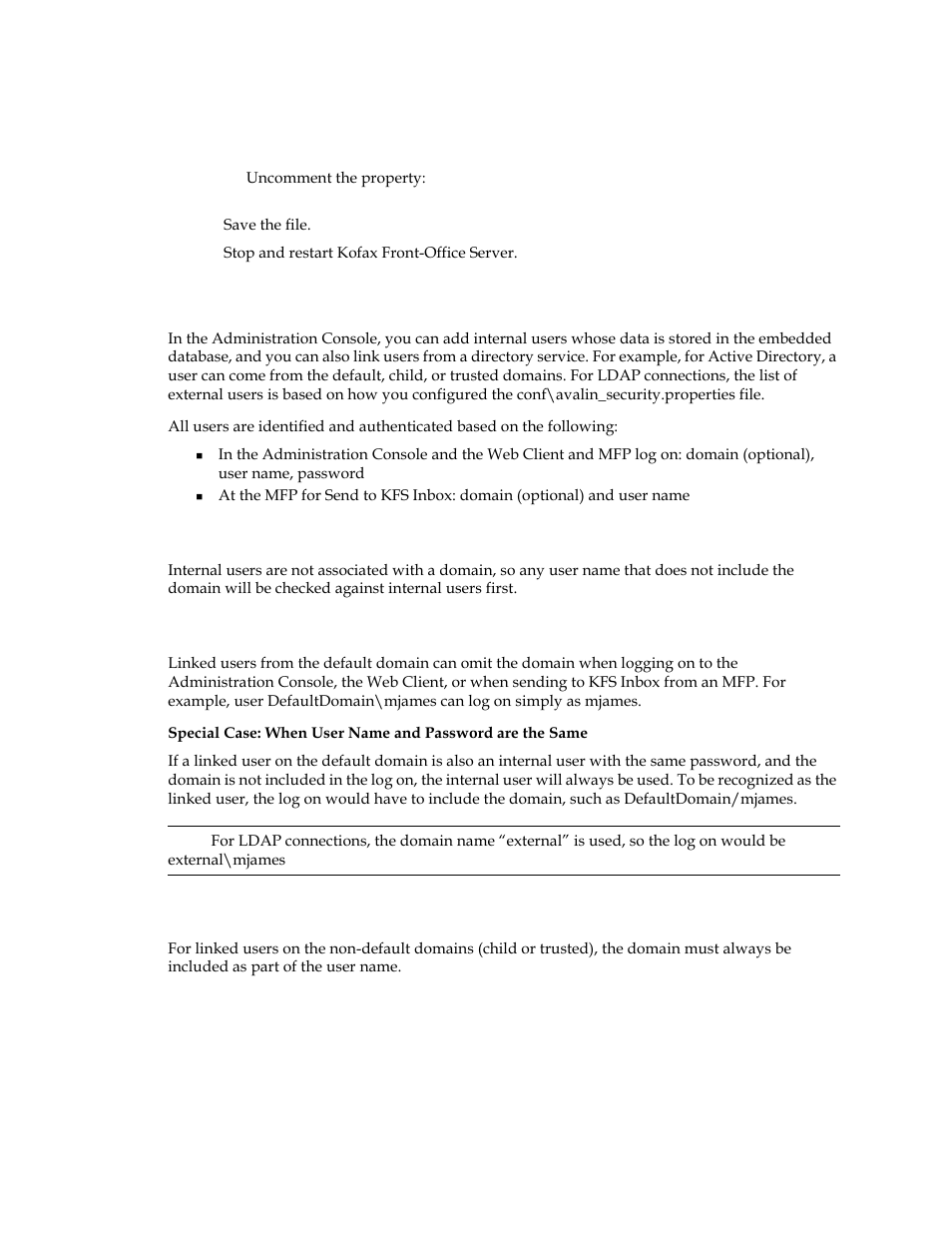 Identifying internal and linked users, Internal users, Linked users | Linked users from non-default domains | Kofax Front-Office Server 3.0 User Manual | Page 14 / 64
