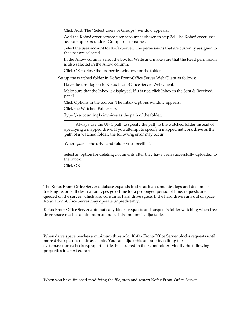 Managing free drive space, Blocking requests when drive space is limited | Kofax Front-Office Server 3.0 User Manual | Page 23 / 64
