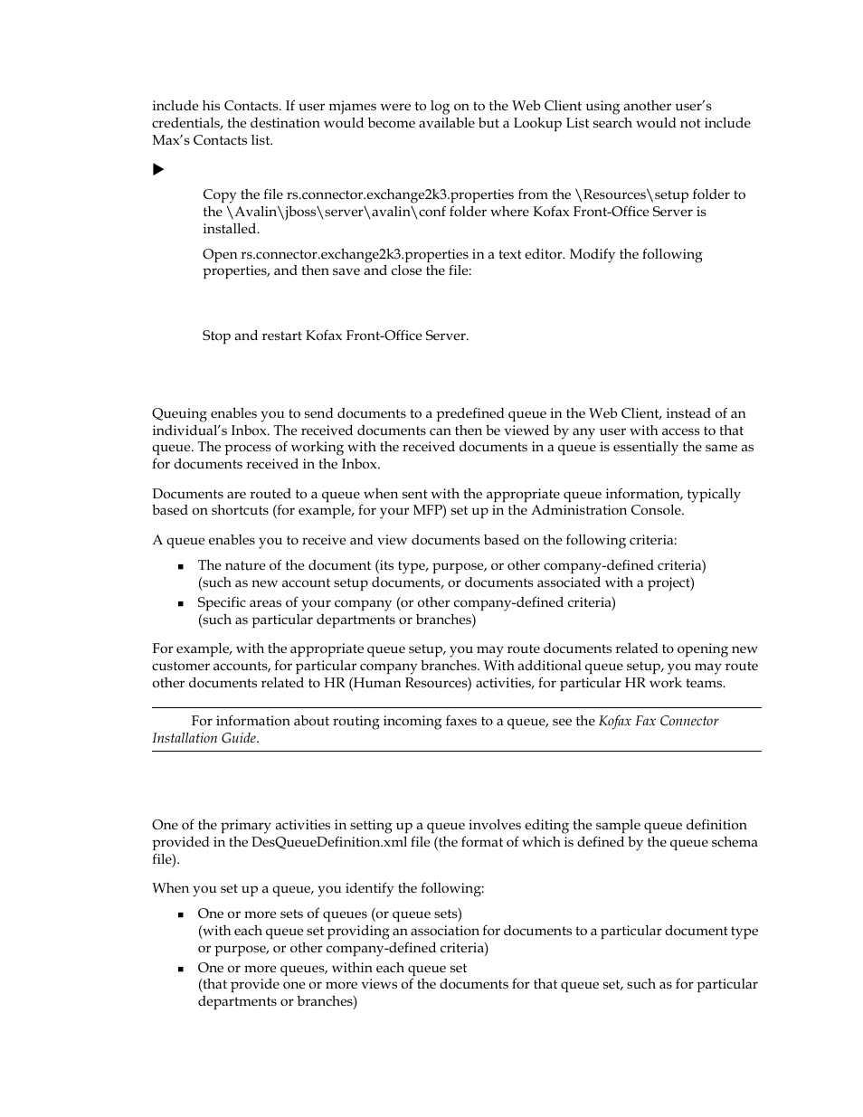 Using the desqueuedefinition.xml file, Enable microsoft outlook contacts search, Below | Kofax Front-Office Server 3.0 User Manual | Page 42 / 64