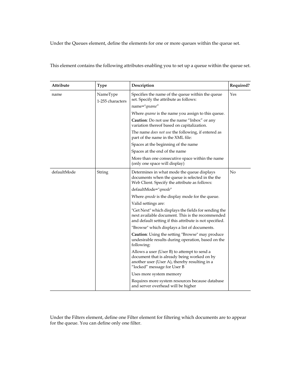 Queues element (required), Queue element (required), Filters element (required) | Kofax Front-Office Server 3.0 User Manual | Page 45 / 64