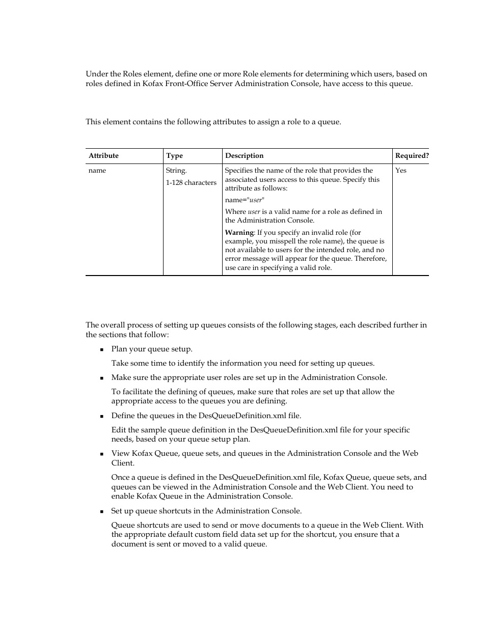 Roles element (required), Role element (required), Process of setting up a queue | Roles element (required) role element (required) | Kofax Front-Office Server 3.0 User Manual | Page 47 / 64