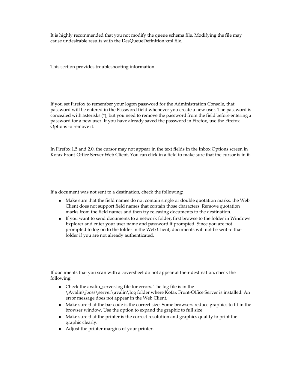 Troubleshooting, Firefox, Missing cursor | Destinations, Problems sending documents to destinations, Coversheets, Problems with coversheets | Kofax Front-Office Server 3.0 User Manual | Page 60 / 64