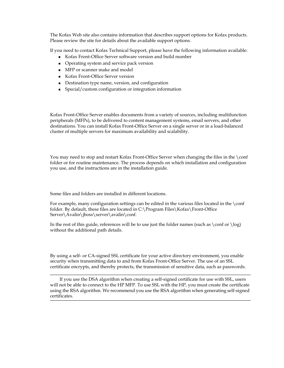 Overview, Stopping and restarting kofax front-office server, About file and folder locations in this guide | When enabling security with ssl | Kofax Front-Office Server 3.0 User Manual | Page 9 / 64