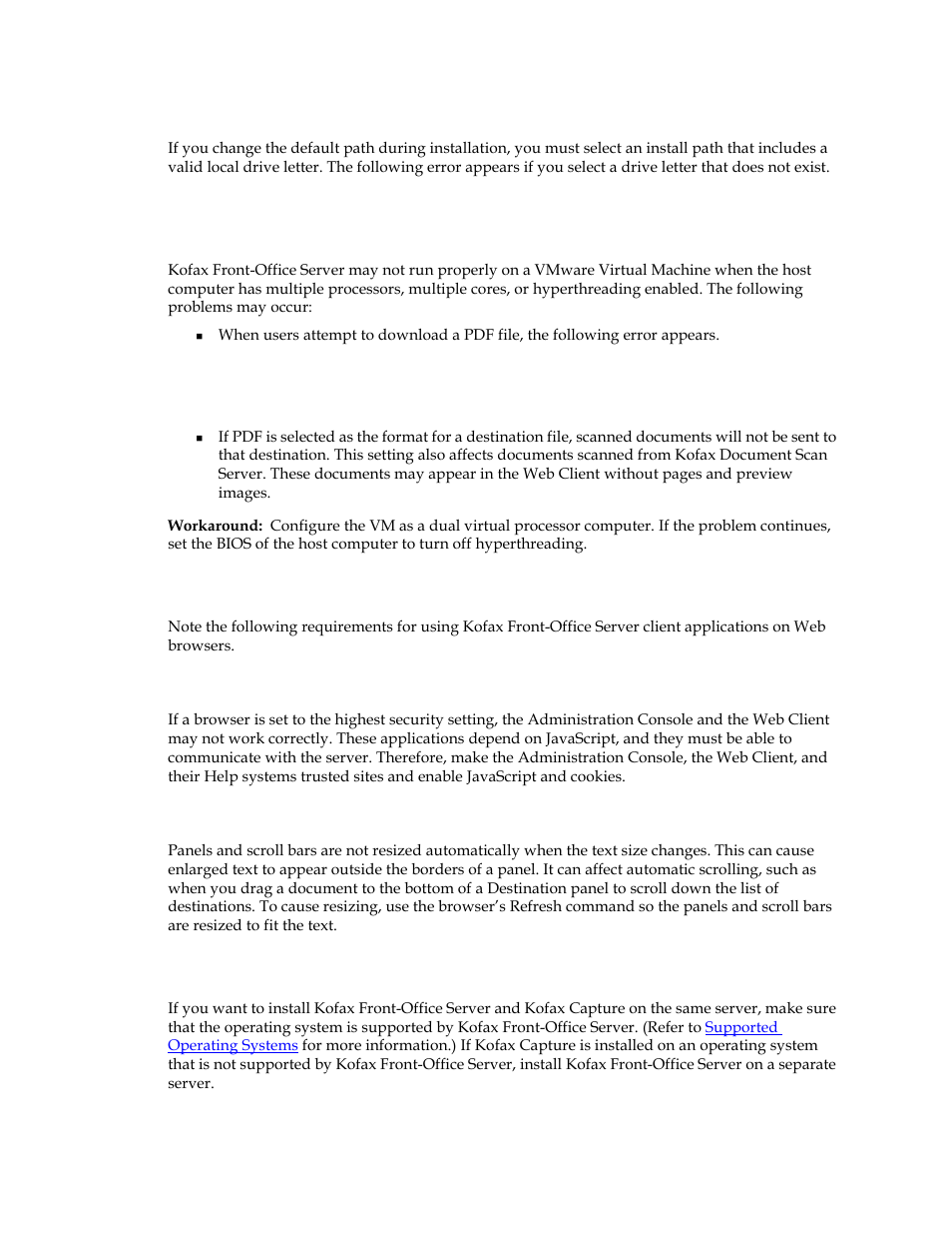 Invalid drive path, Browser configuration, Security settings for browsers | Text resizing in browsers | Kofax Front-Office Server 3.0 User Manual | Page 21 / 46
