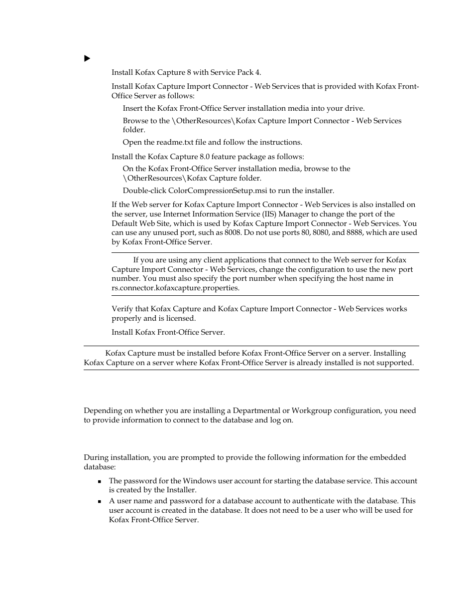 Required database information for installation | Kofax Front-Office Server 3.0 User Manual | Page 22 / 46