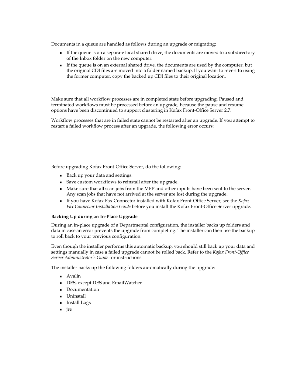 Documents in a queue, Workflow processes, Backing up before upgrading | Kofax Front-Office Server 3.0 User Manual | Page 27 / 46
