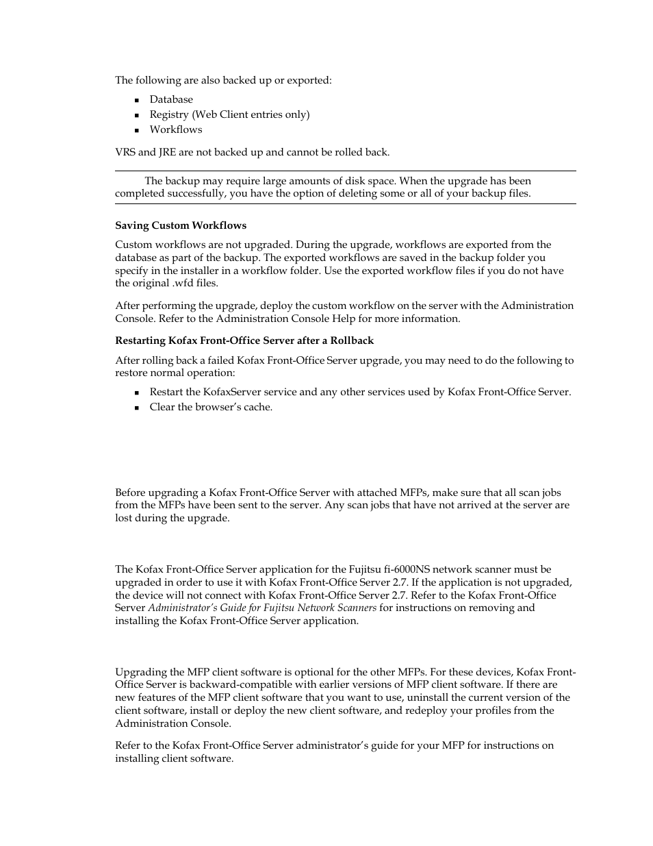 Upgrade notes for mfps, Preparation for upgrades, Upgrading the client software for other mfps | Kofax Front-Office Server 3.0 User Manual | Page 28 / 46