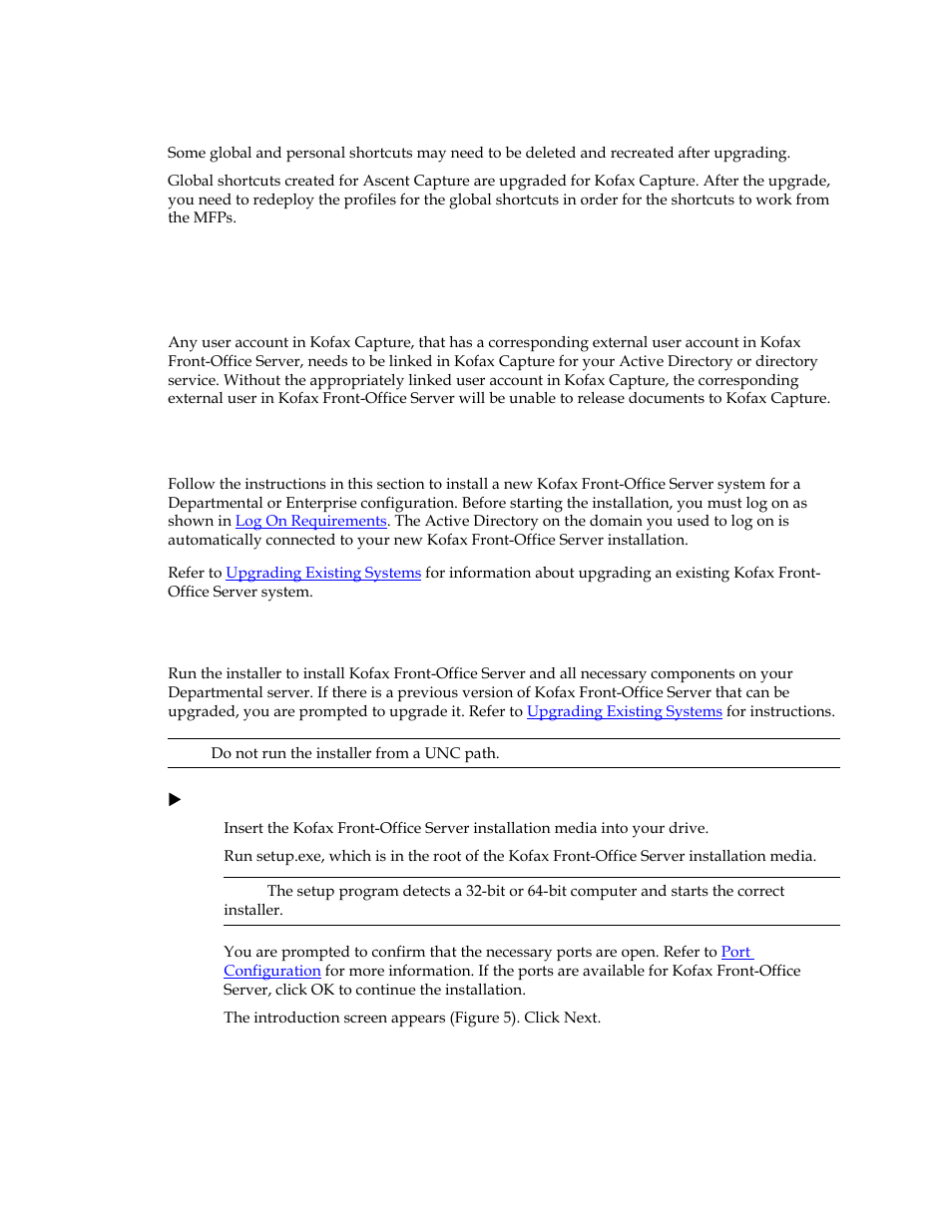 Upgrade notes for shortcuts, Upgrade notes for destinations, Notes for kofax capture | Installing a new system, Installing a departmental configuration | Kofax Front-Office Server 3.0 User Manual | Page 29 / 46