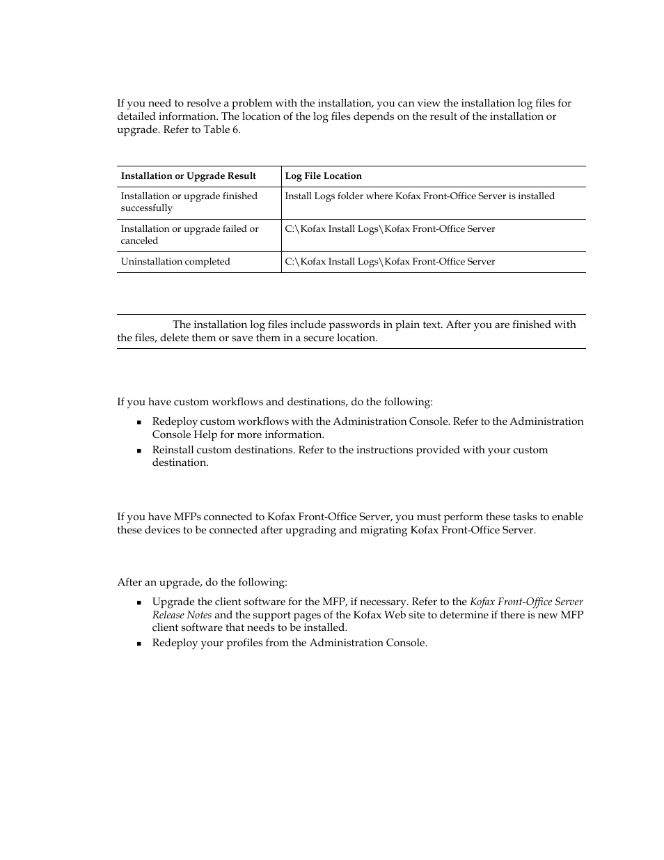 Viewing the installation log files, Managing mfps after an upgrade or migration, Managing mfps after an upgrade | Kofax Front-Office Server 3.0 User Manual | Page 40 / 46