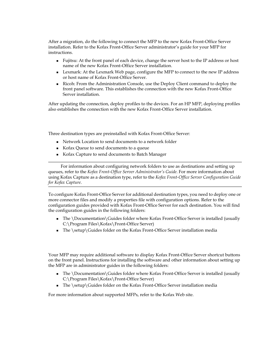 Managing mfps after migration, Installing mfp front panel software | Kofax Front-Office Server 3.0 User Manual | Page 41 / 46