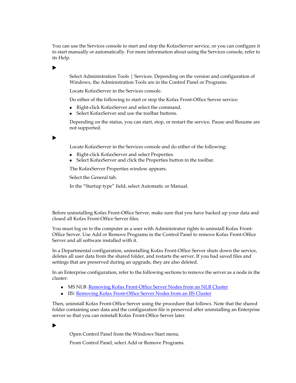 Using the services console, Uninstalling kofax front-office server | Kofax Front-Office Server 3.0 User Manual | Page 43 / 46