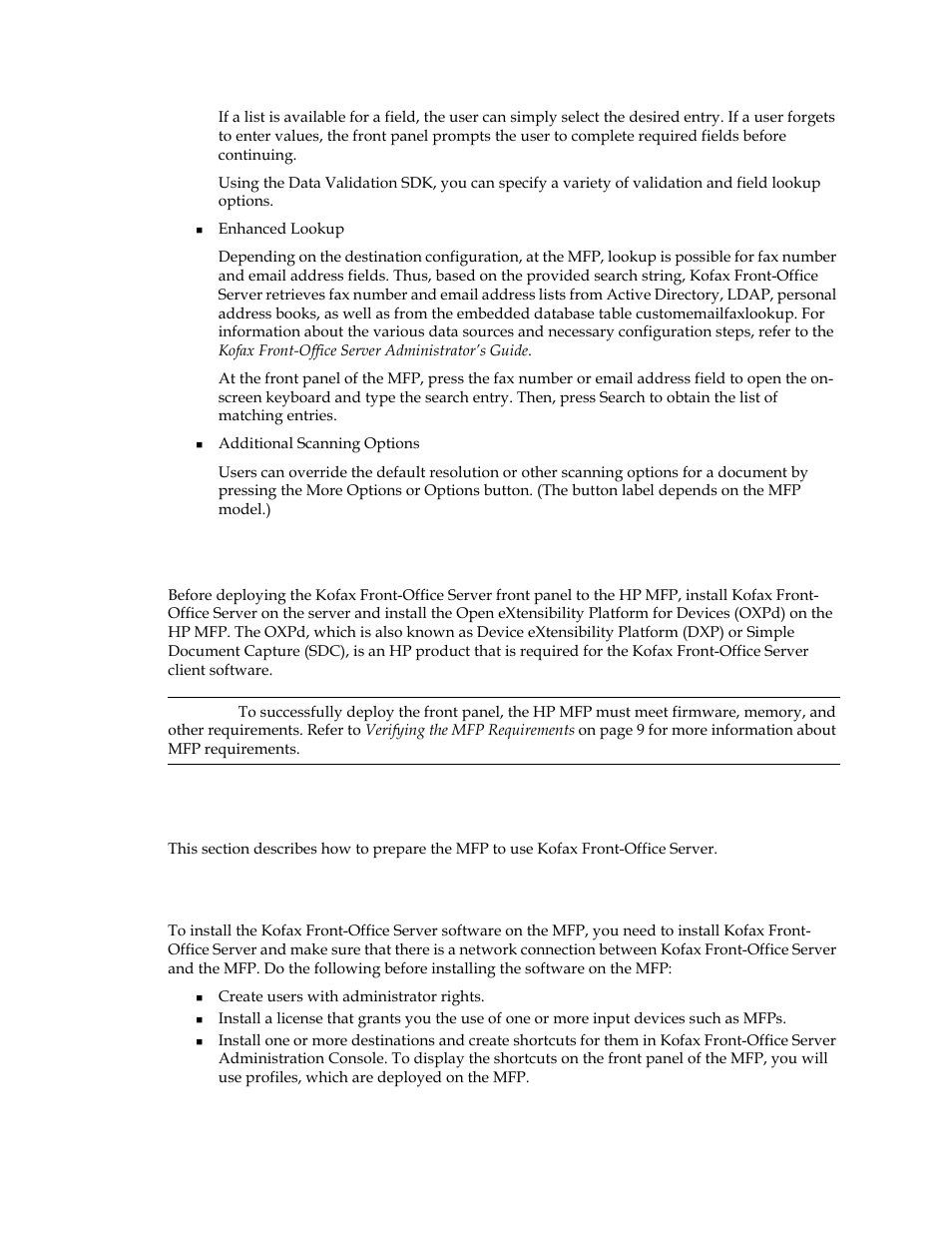 System requirements, Preparing the mfp for kofax front-office server, Prerequisite steps | Kofax Document Exchange Server 2.5 User Manual | Page 8 / 20