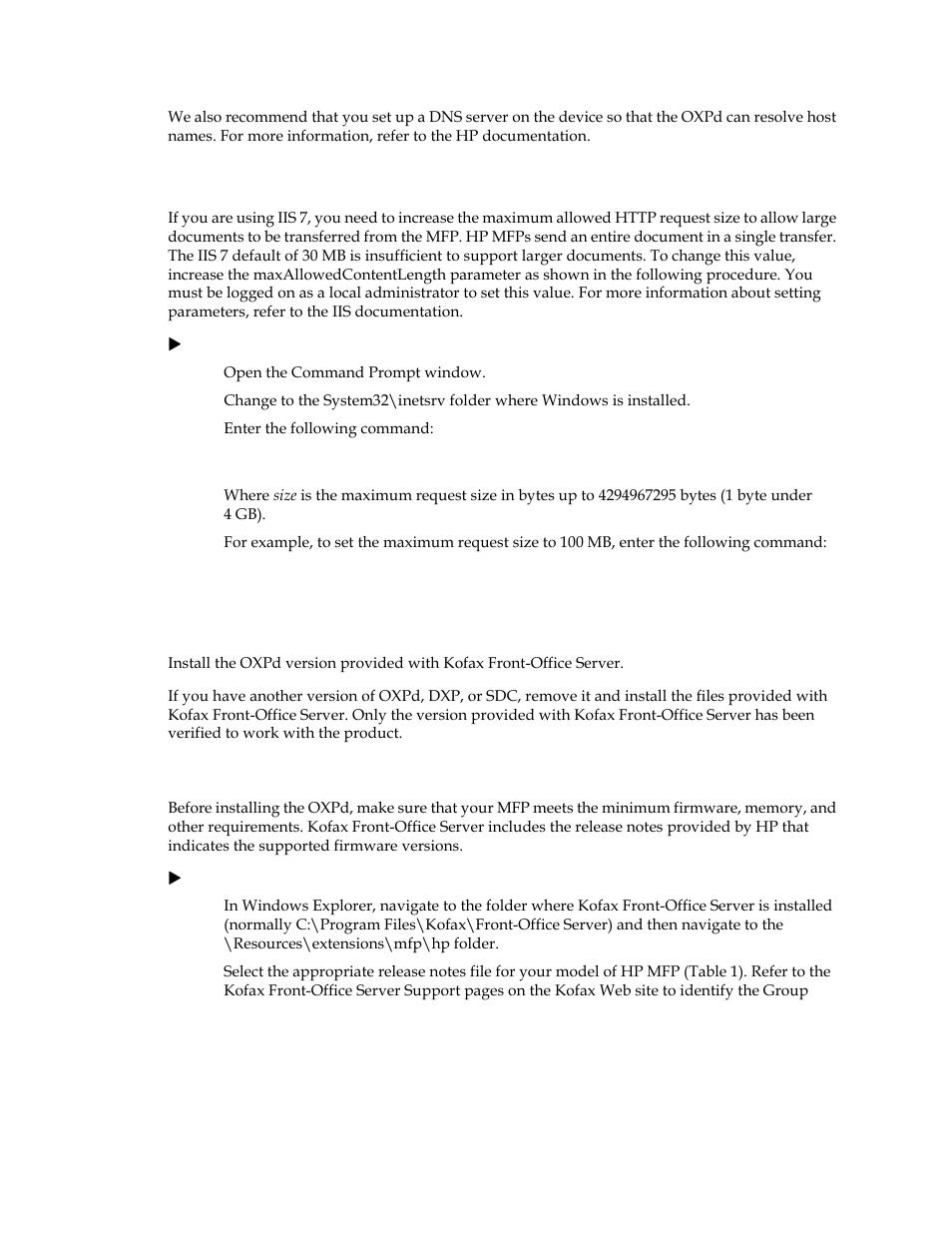 Configuring internet information services (iis), Installing the oxpd, Verifying the mfp requirements | Kofax Document Exchange Server 2.5 User Manual | Page 9 / 20