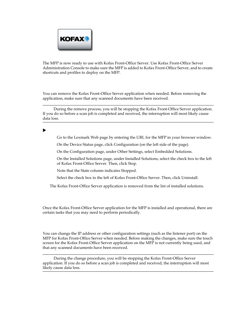 Removing the kofax front-office server application, Performing administrative tasks | Kofax Document Exchange Server 2.5 User Manual | Page 14 / 18