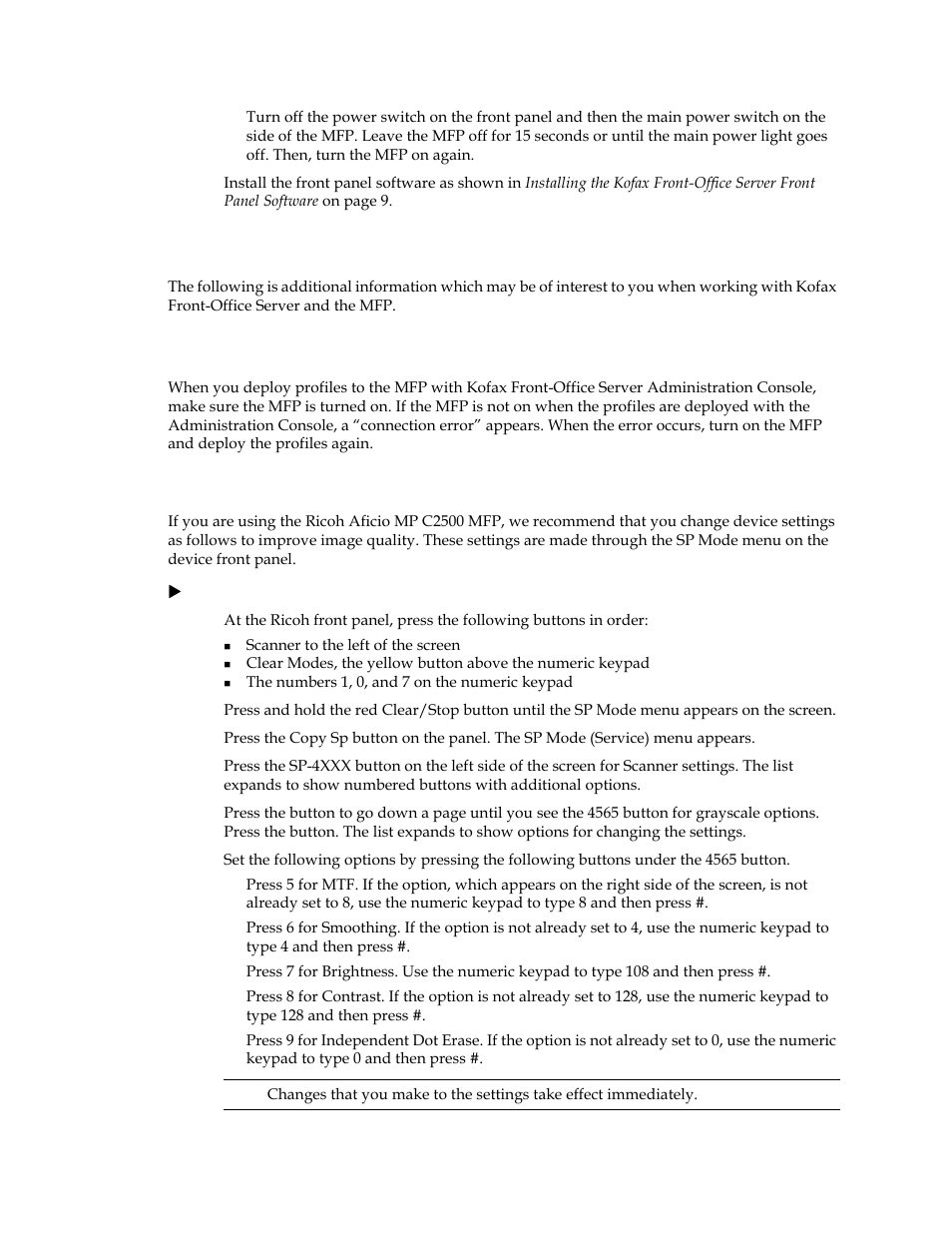 Additional information, When deploying profiles, Settings for the ricoh aficio mp c2500 mfp | Kofax Document Exchange Server 2.5 User Manual | Page 12 / 14