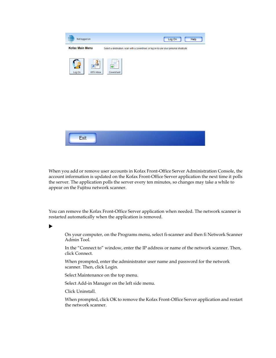 Updating user accounts, Removing the kofax front-office server application | Kofax Document Exchange Server 2.0 User Manual | Page 13 / 14