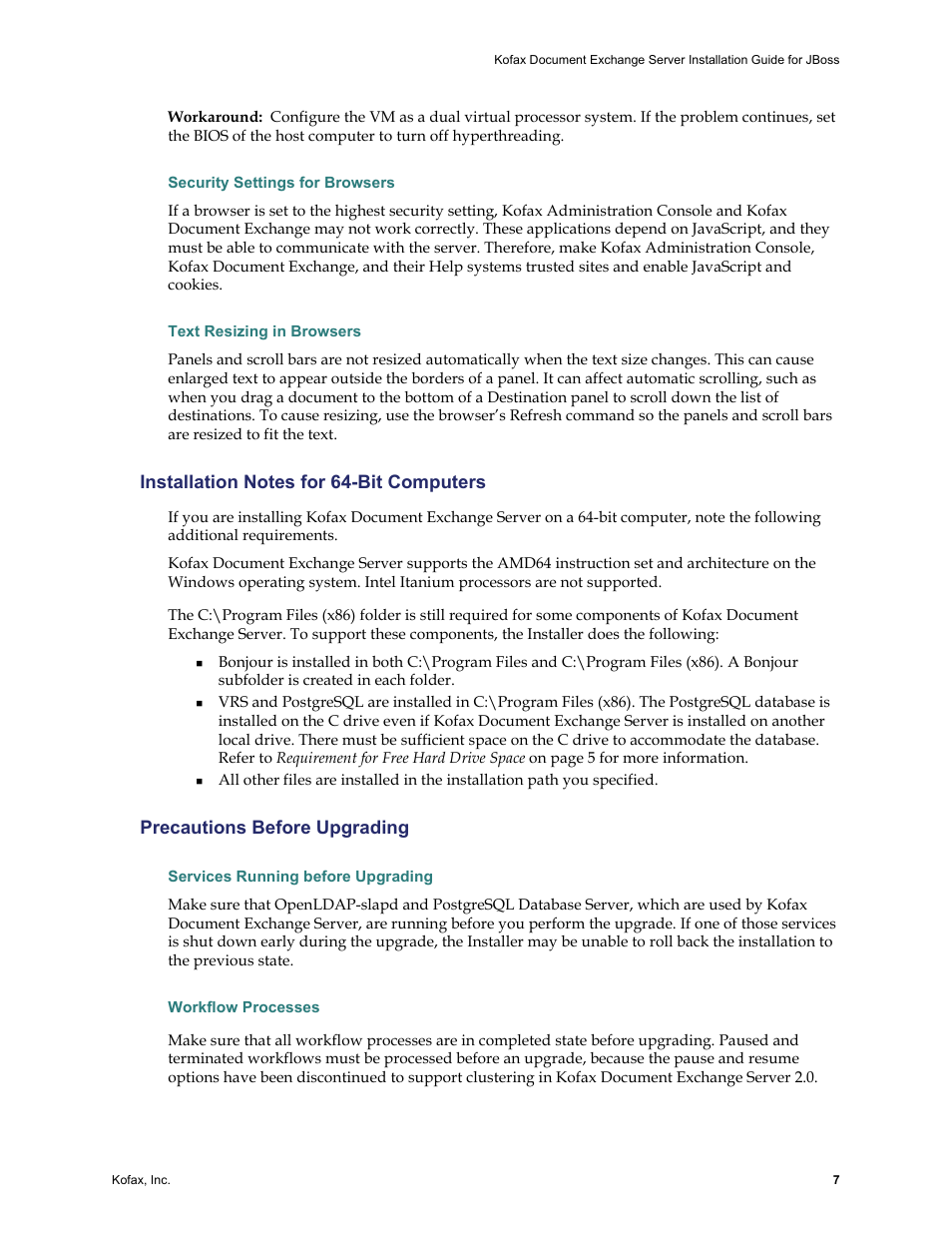 Security settings for browsers, Text resizing in browsers, Installation notes for 64-bit computers | Precautions before upgrading, Services running before upgrading, Workflow processes | Kofax Document Exchange Server 2.0 User Manual | Page 11 / 22