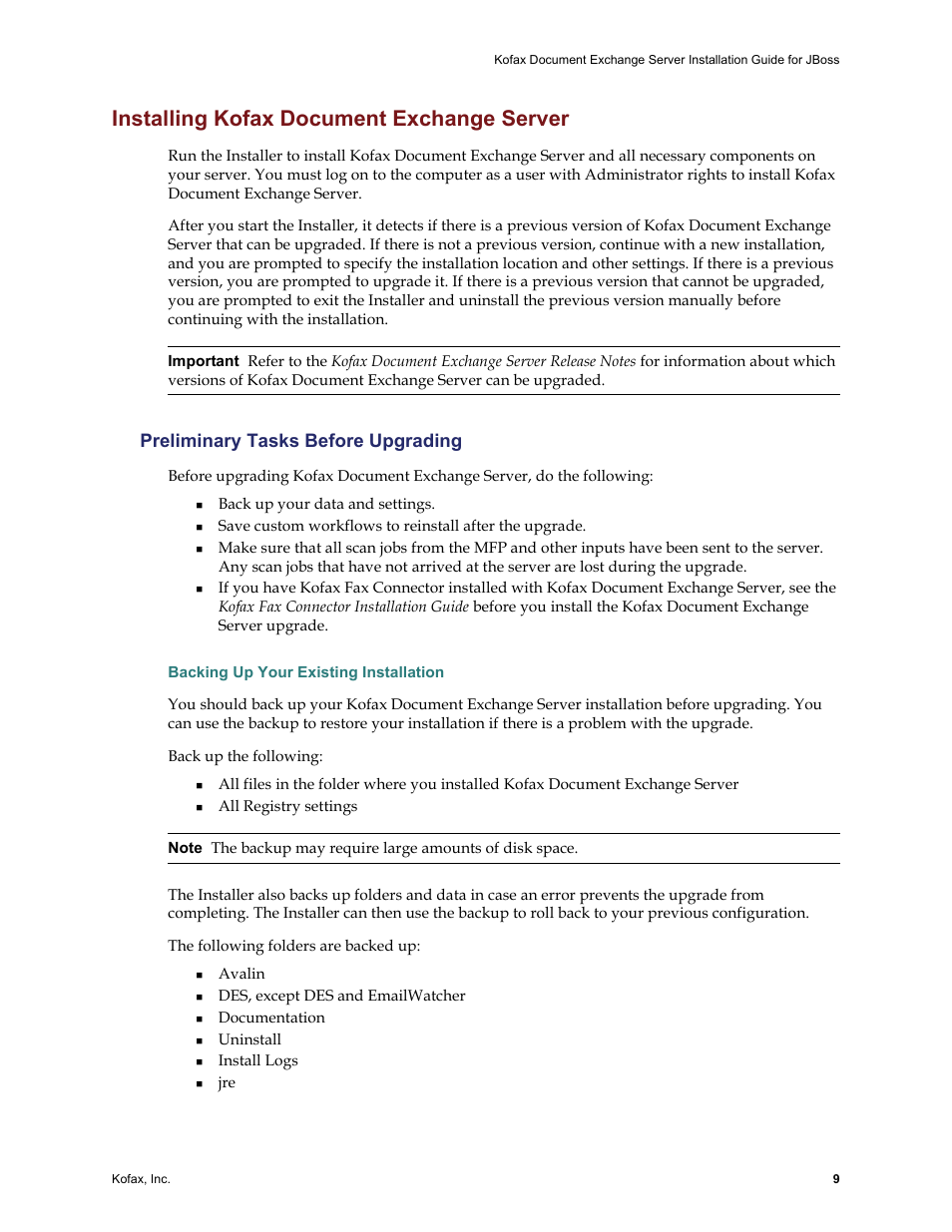 Installing kofax document exchange server, Preliminary tasks before upgrading, Backing up your existing installation | Kofax Document Exchange Server 2.0 User Manual | Page 13 / 22
