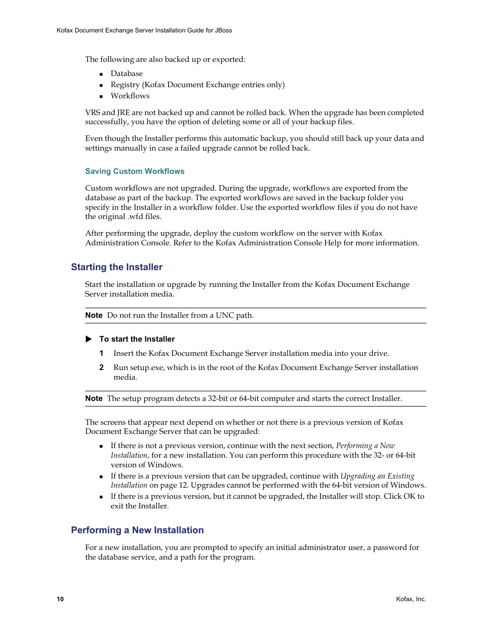 Saving custom workflows, Starting the installer, Performing a new installation | Kofax Document Exchange Server 2.0 User Manual | Page 14 / 22