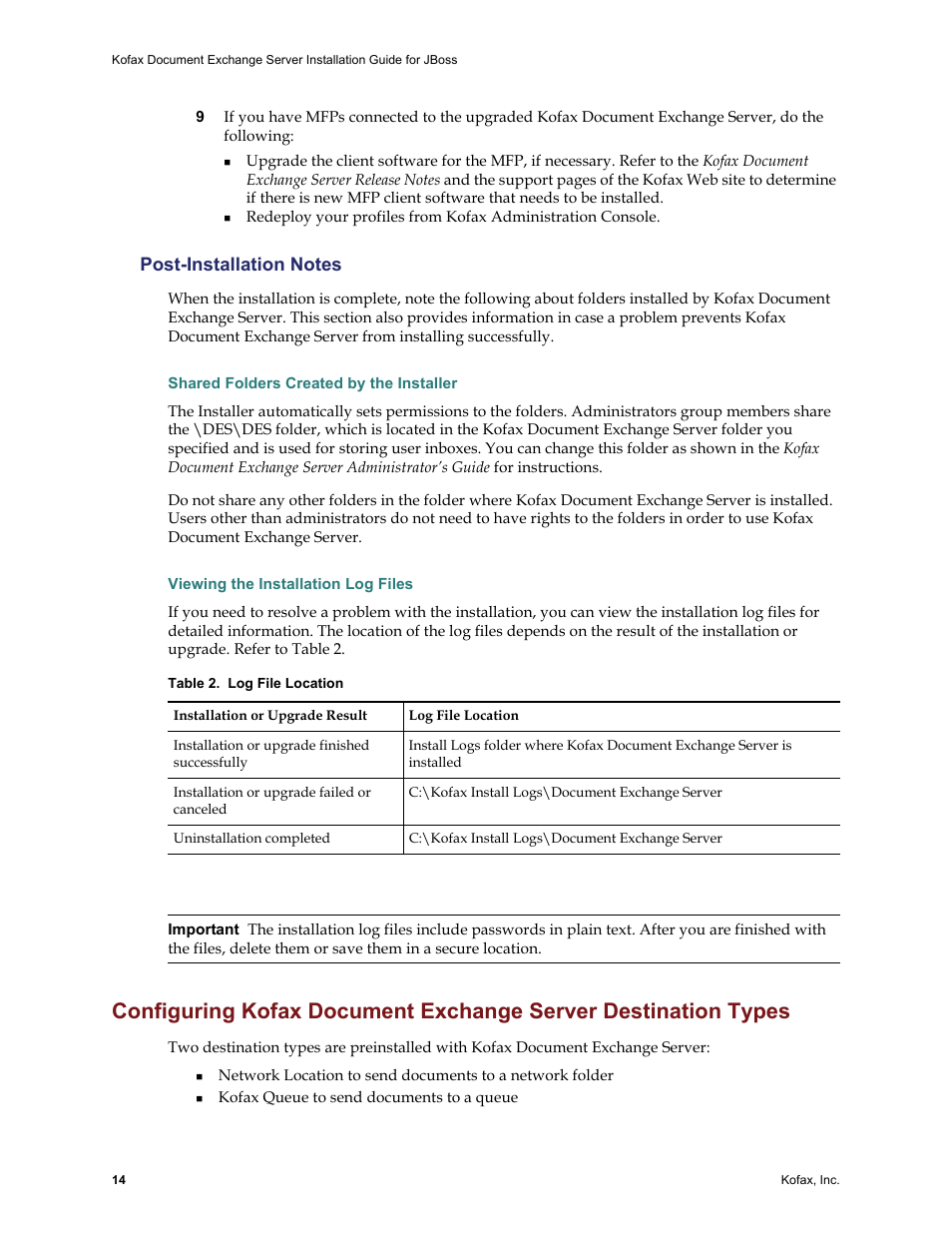 Post-installation notes, Shared folders created by the installer, Viewing the installation log files | Kofax Document Exchange Server 2.0 User Manual | Page 18 / 22