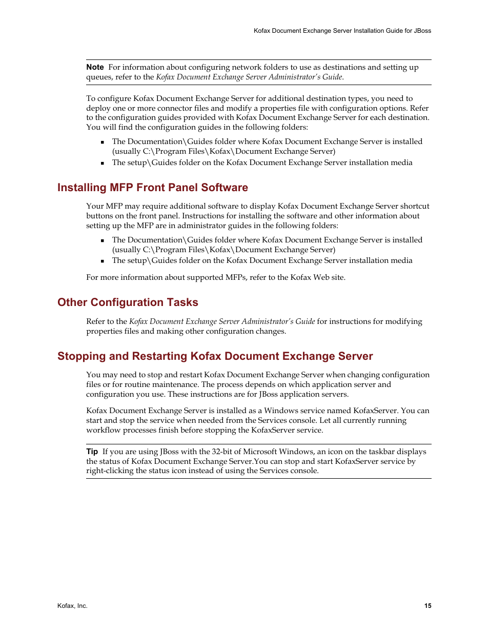 Installing mfp front panel software, Other configuration tasks | Kofax Document Exchange Server 2.0 User Manual | Page 19 / 22