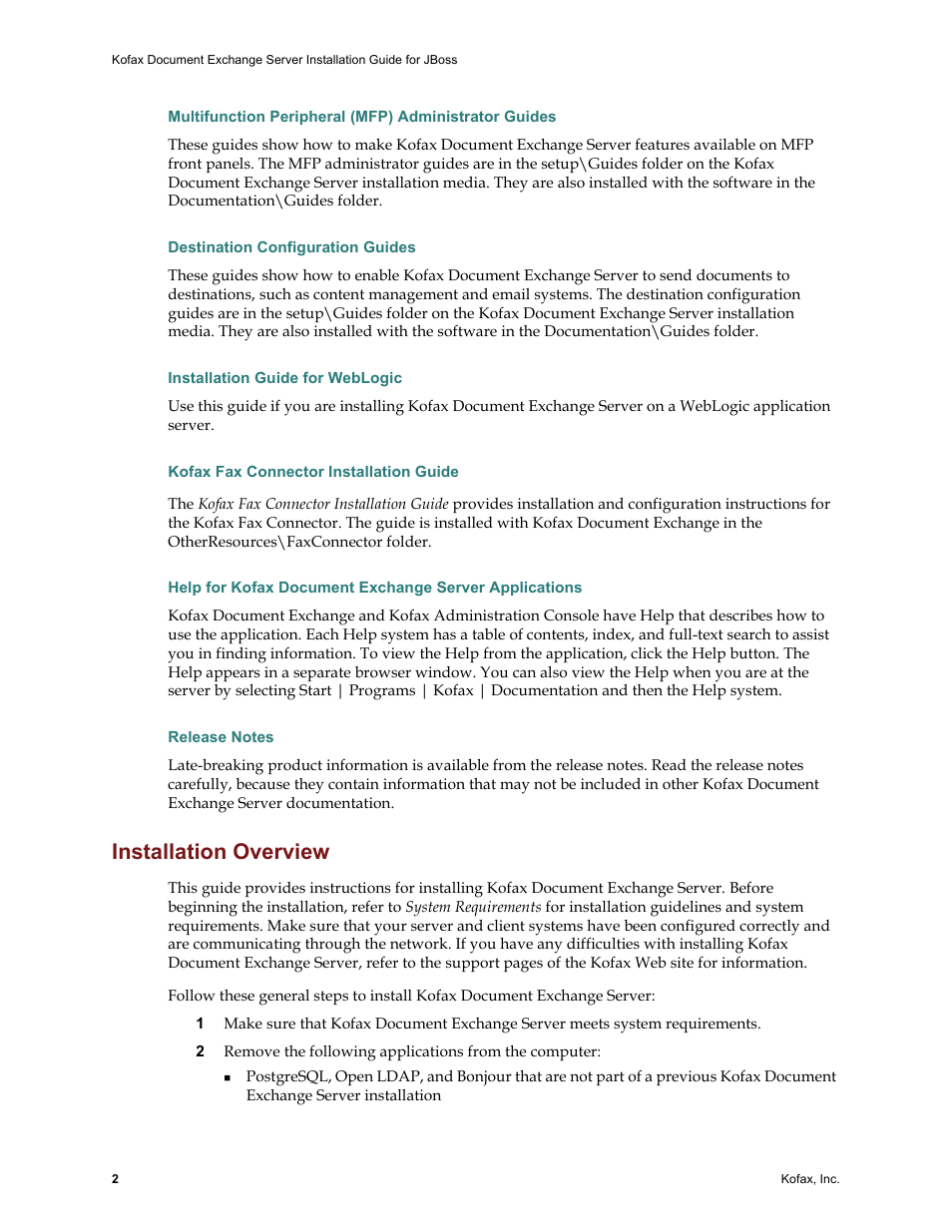 Kofax fax connector installation guide, Installation overview | Kofax Document Exchange Server 2.0 User Manual | Page 6 / 22