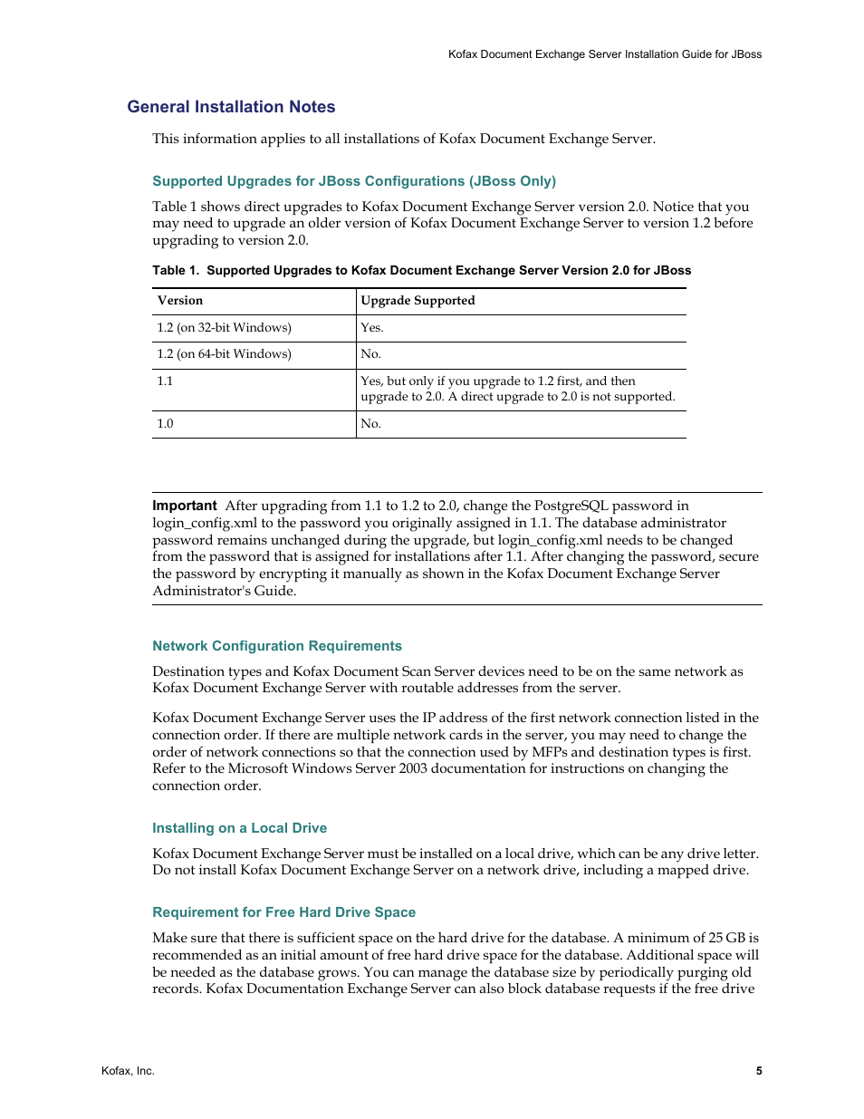 General installation notes, Network configuration requirements, Installing on a local drive | Requirement for free hard drive space | Kofax Document Exchange Server 2.0 User Manual | Page 9 / 22