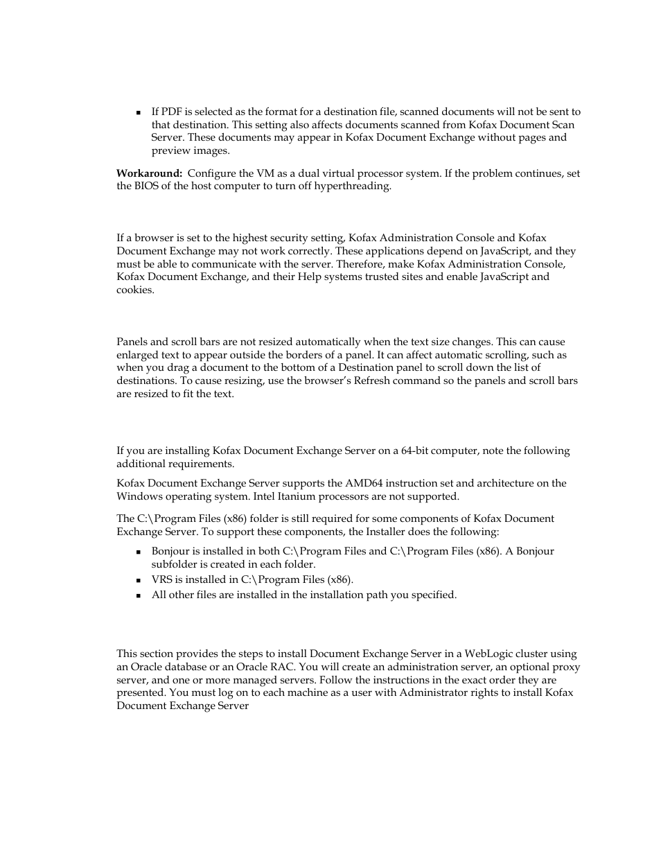 Security settings for browsers, Text resizing in browsers, Installation notes for 64-bit computers | Installing kofax document exchange server | Kofax Document Exchange Server 2.5 User Manual | Page 10 / 44