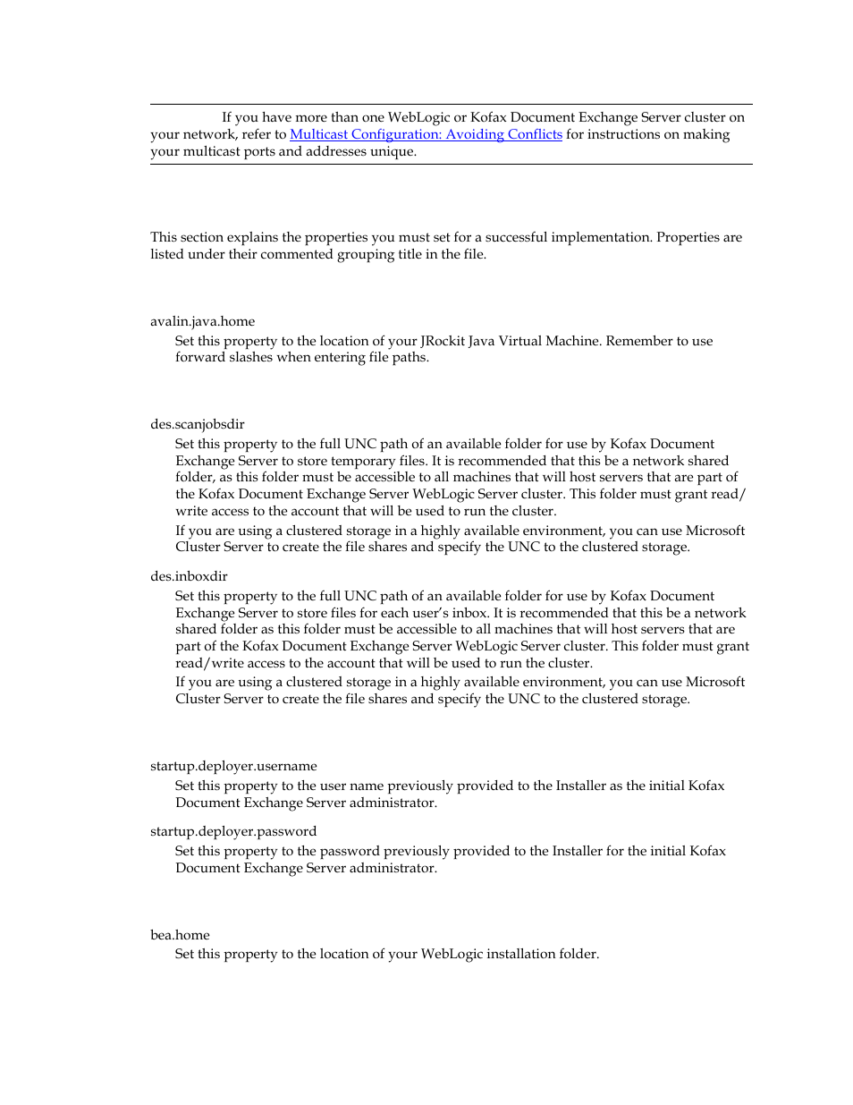 Mandatory settings, Java configuration, Os configuration | Initial admin user to deploy license and workflow, Information about the weblogic installation | Kofax Document Exchange Server 2.5 User Manual | Page 16 / 44