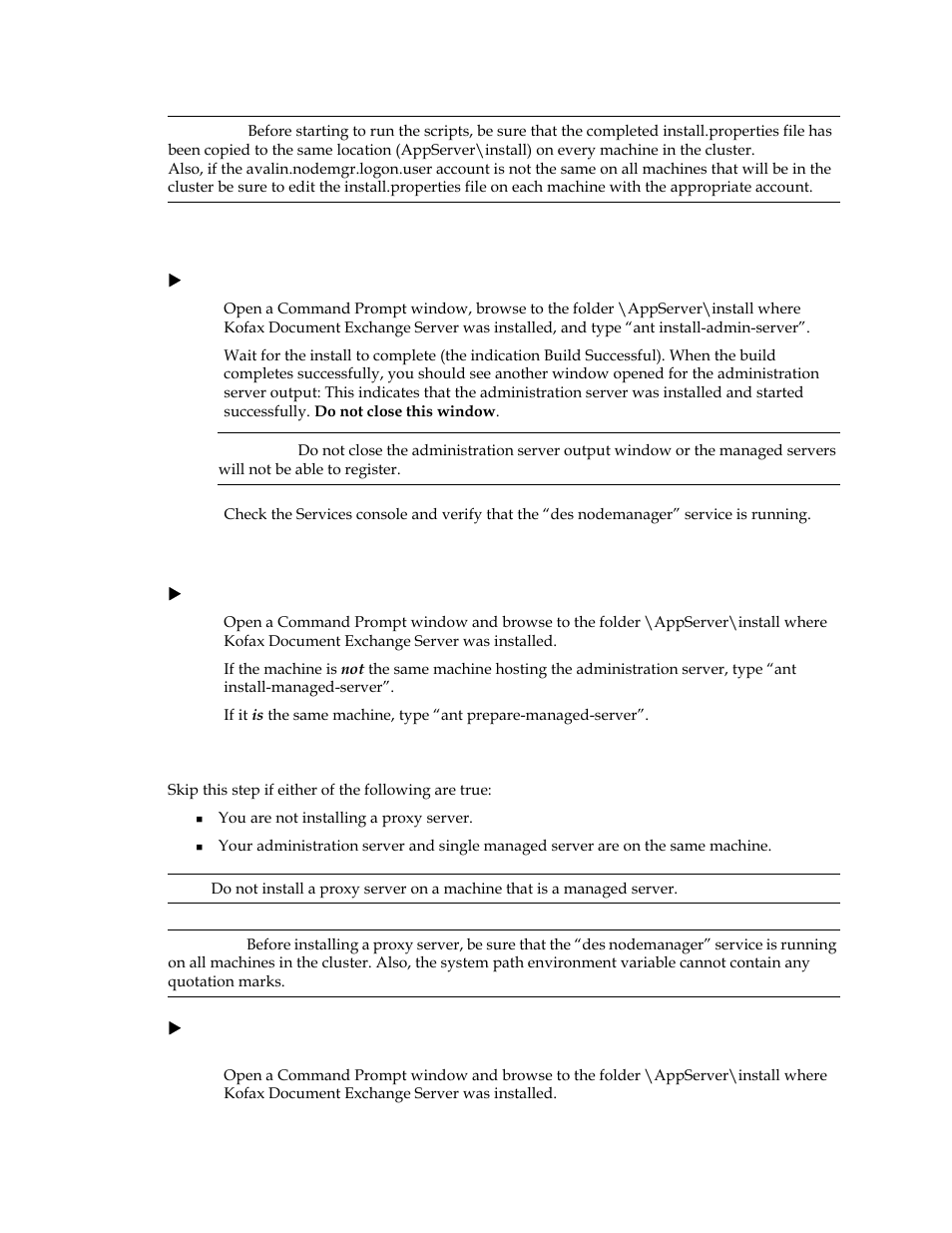 Install the administration server, Install managed servers, Install a proxy server | Kofax Document Exchange Server 2.5 User Manual | Page 25 / 44