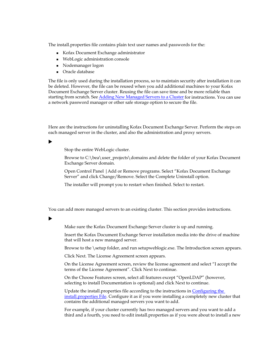 Securing the install.properties file, Uninstalling kofax document exchange server, Adding new managed servers to a cluster | Kofax Document Exchange Server 2.5 User Manual | Page 28 / 44