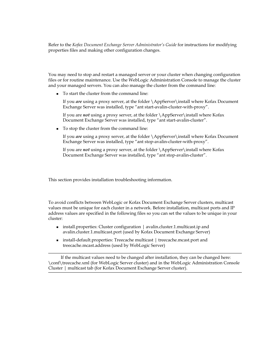 Other configuration tasks, Troubleshooting, Multicast configuration: avoiding conflicts | Kofax Document Exchange Server 2.5 User Manual | Page 44 / 44