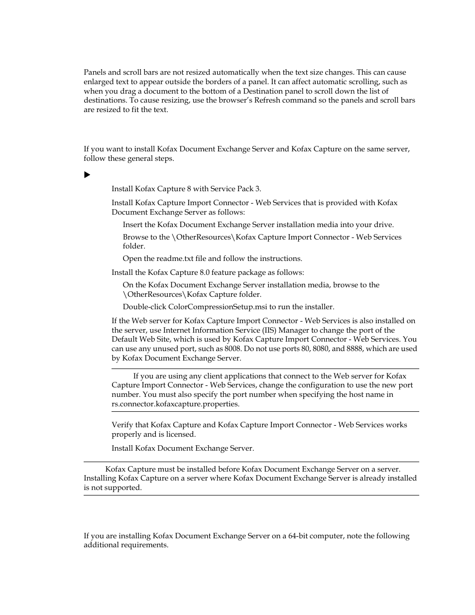 Text resizing in browsers, Installation notes for 64-bit computers, Capture | Kofax Document Exchange Server 2.5 User Manual | Page 11 / 24