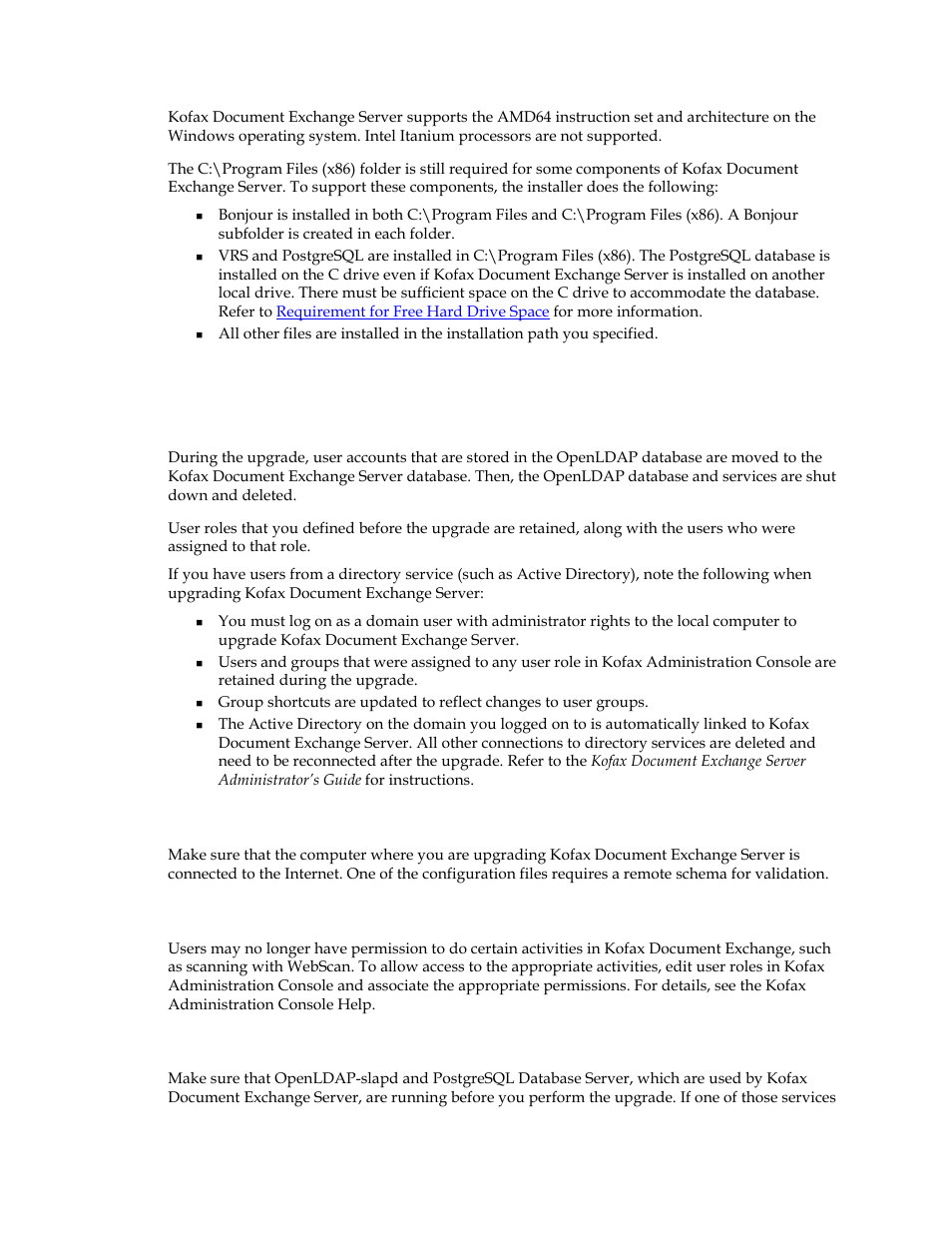 Precautions and preliminary tasks before upgrading, Upgrade notes for user accounts, Internet connection requirement | Services running before upgrading | Kofax Document Exchange Server 2.5 User Manual | Page 12 / 24