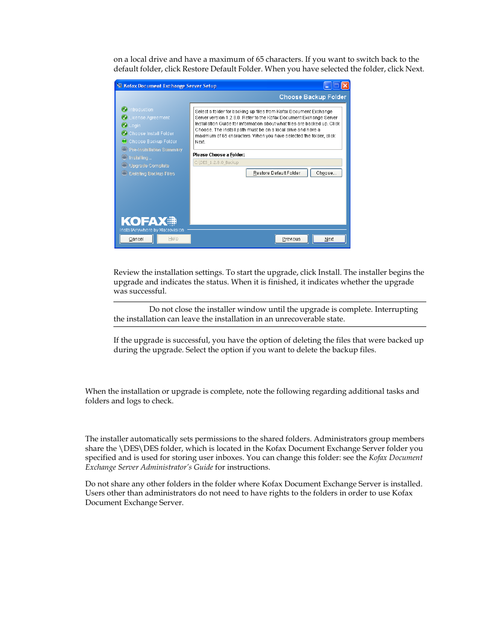 Post-installation and upgrade notes, Shared folders created by the installer | Kofax Document Exchange Server 2.5 User Manual | Page 19 / 24