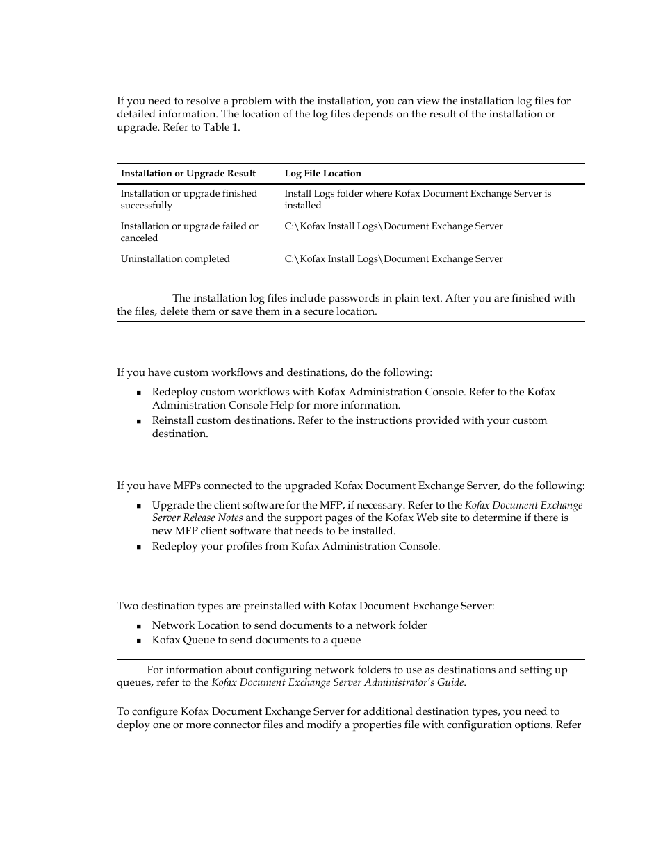 Viewing the installation log files, Managing mfps after an upgrade | Kofax Document Exchange Server 2.5 User Manual | Page 20 / 24